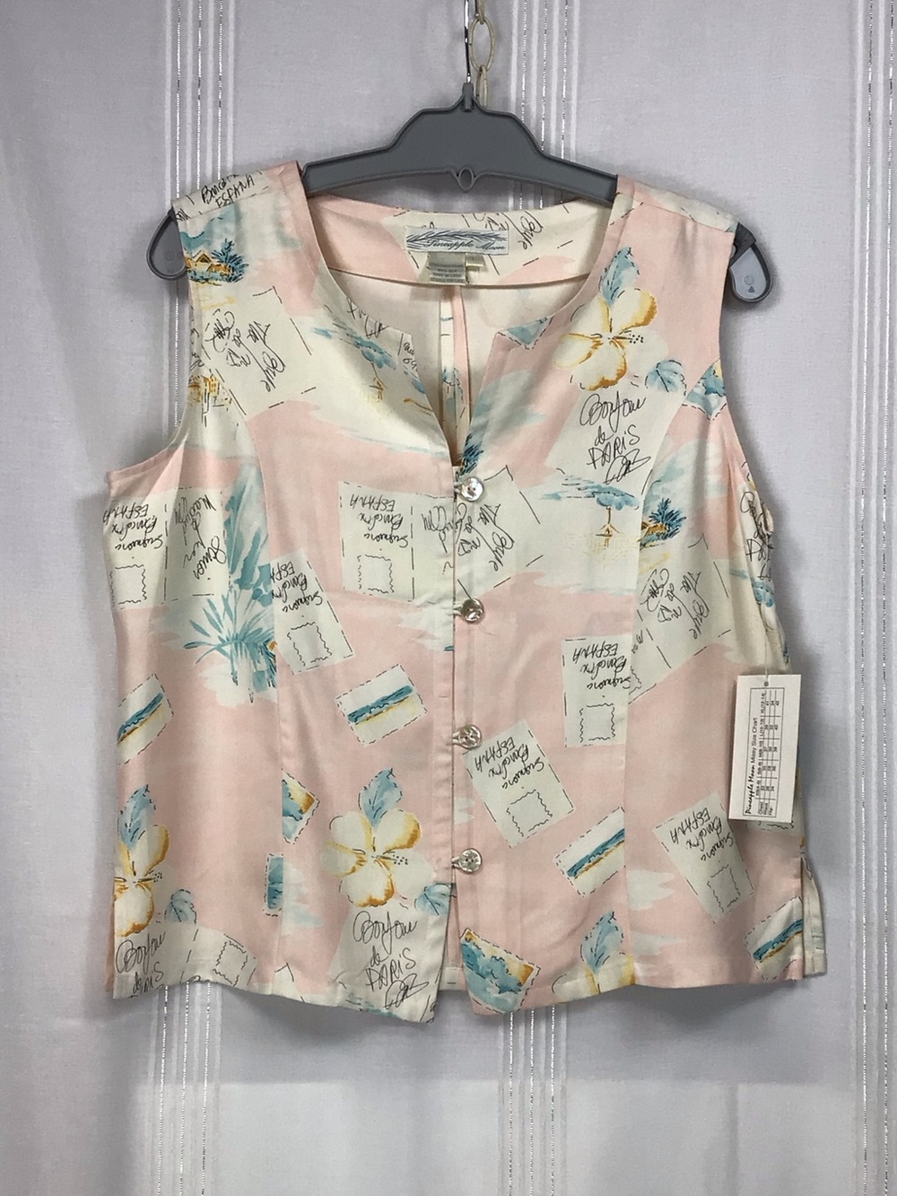 Pineapple Moon Silk Sleeveless Tropical Print Button-Front Blouse Sz.L